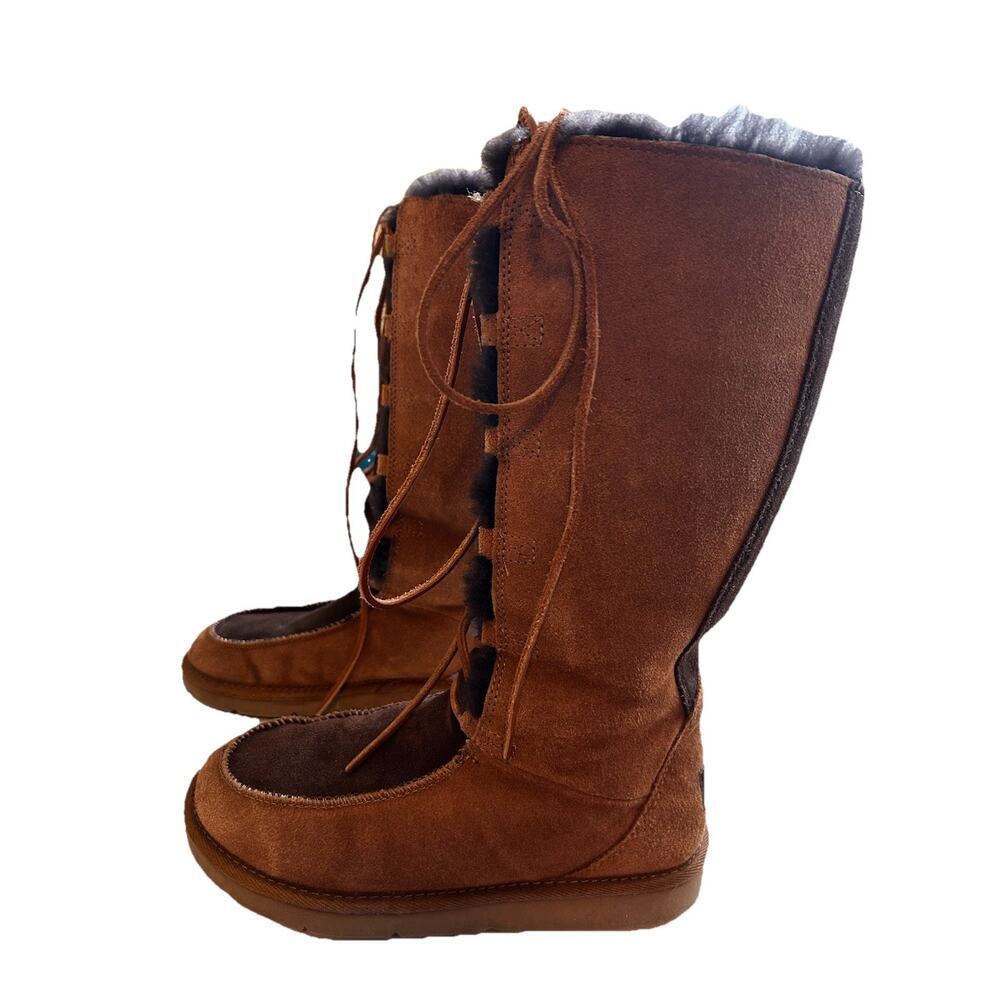 UGG Whitley Moccasin Tie Chestnut Brown Tall Suede Leather Boots Sz. 7 S/N 5230 - Picture 5 of 13